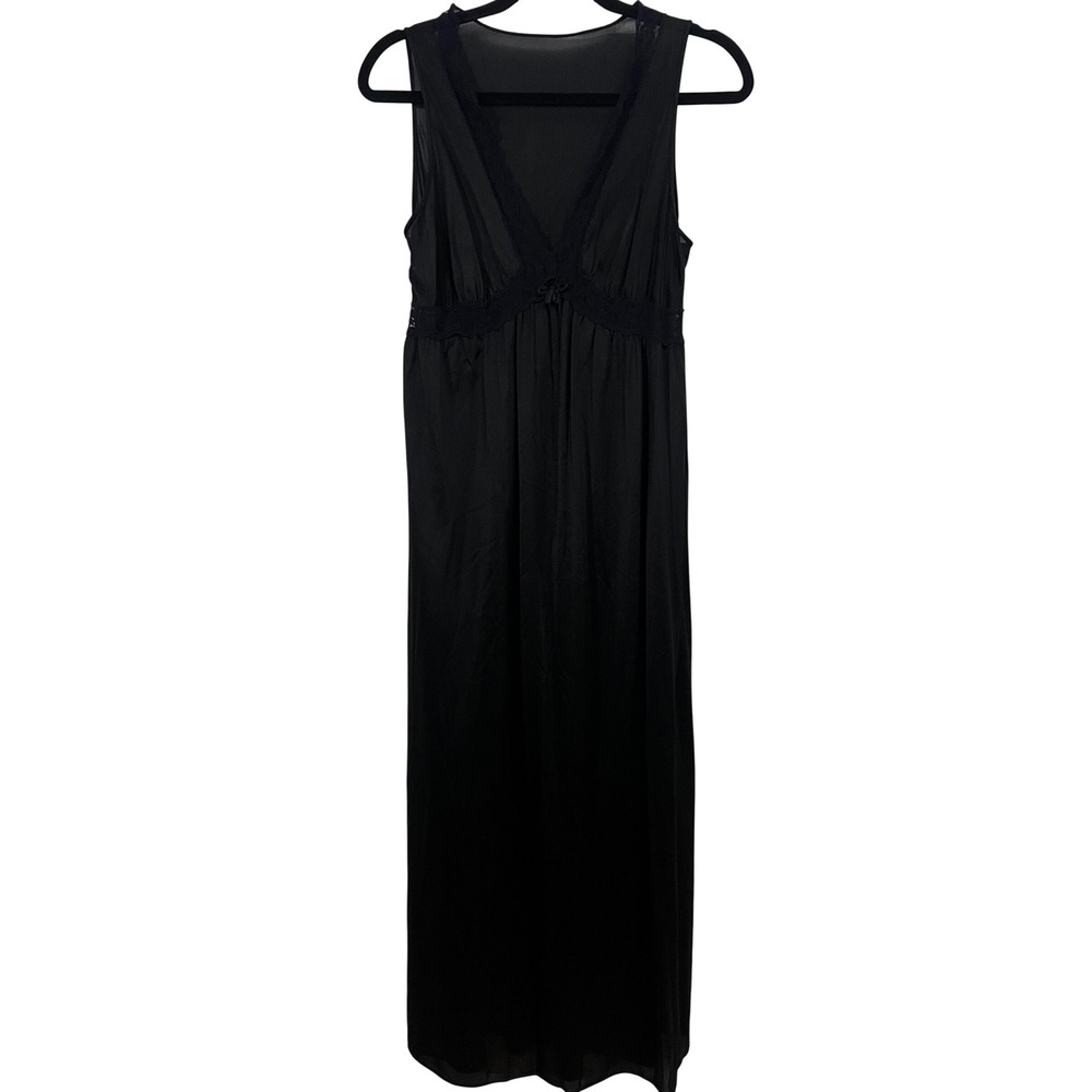 Kayser Maxi Nightgown Medium Vintage 60s Lace Trim Enkalure Nylon Black